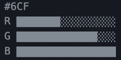 Output from the dehex package's dh_graph function, which shows a horizontal bar chart in the RStudio console with a light theme. The columns are labelled R, G, and B and are coloured red, green and blue. Above the plot is the three-digit colour hex code that graph is summarising.